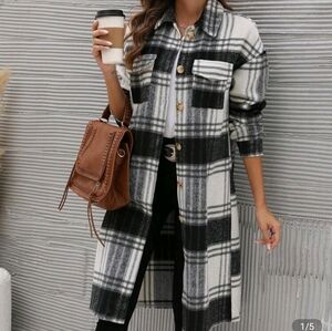 Shein Lune Plaid Print Drop Shoulder Flap Pocket Overcoat Size Medium
